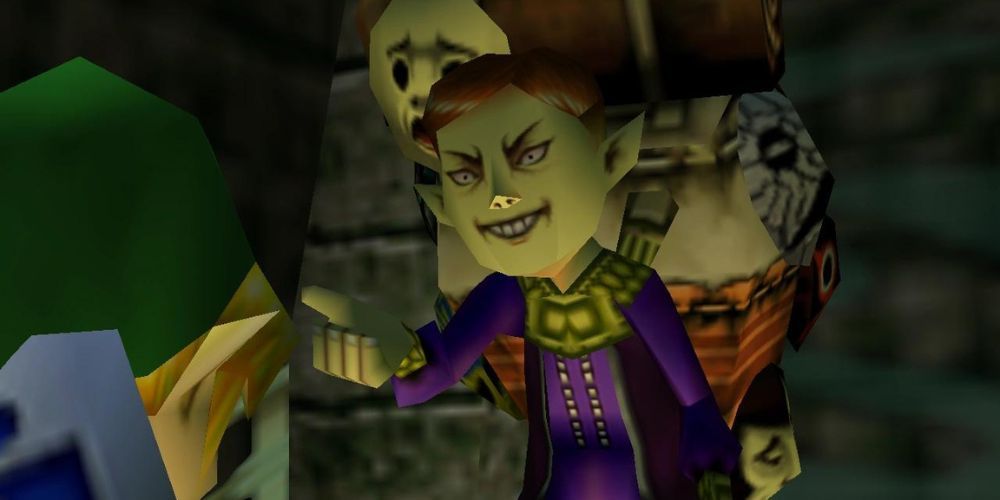 Link talking to the Happy Mask Salesman in Zelda: Majora's Mask.
