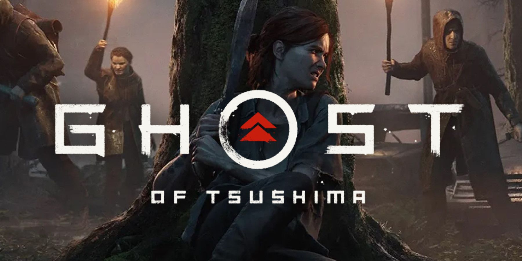 The last of us part 2 ellie hiding behind tree with ghost of tsushima logo
