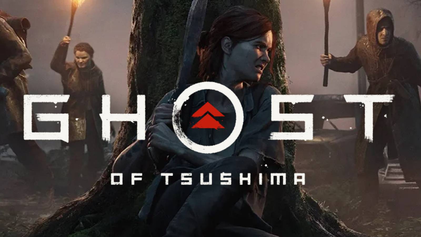 The last of us part 2 ellie hiding behind tree with ghost of tsushima logo