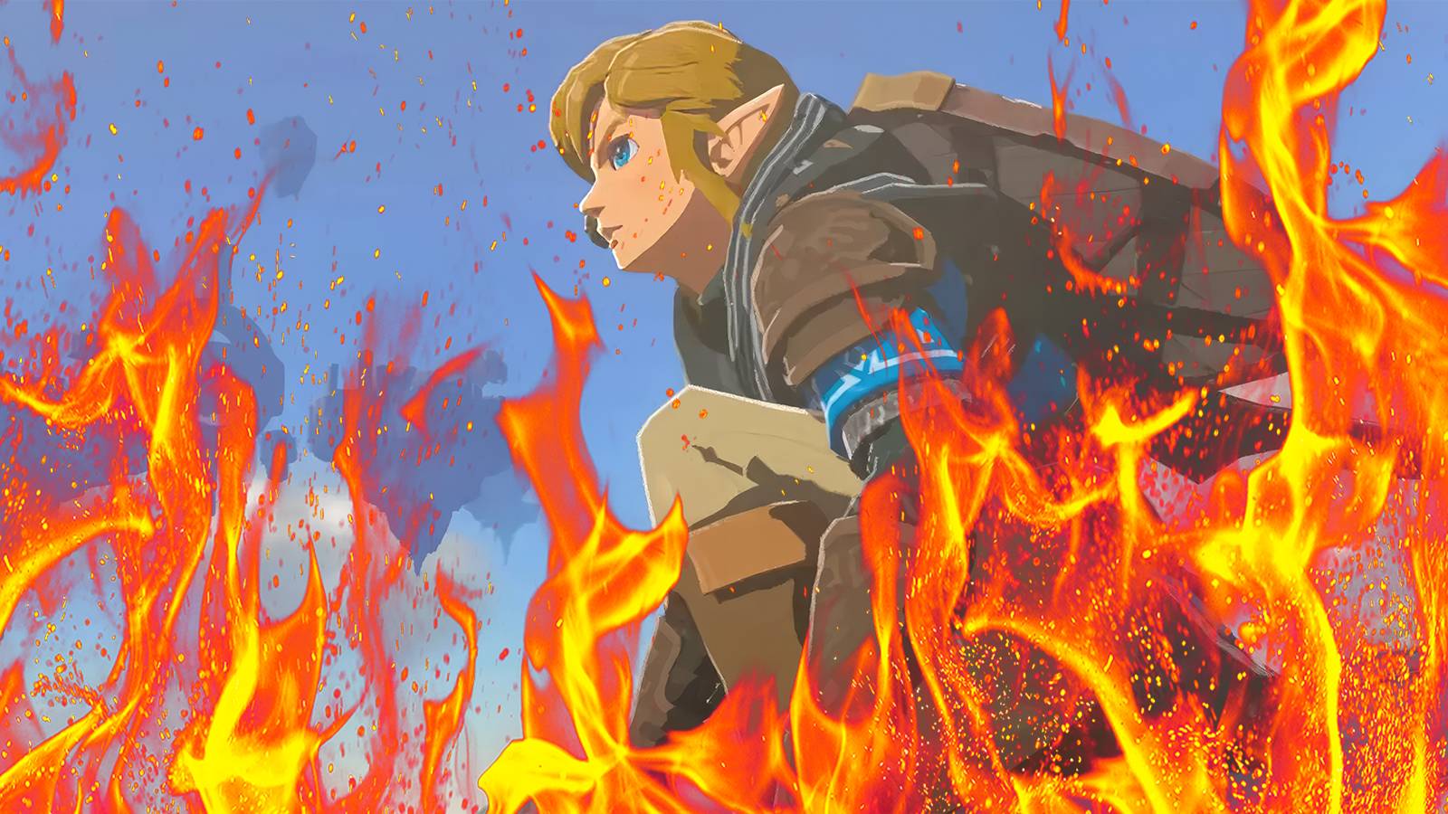 The Legend of Zelda Tears of the Kingdom TOTK Link crouching in fire composite