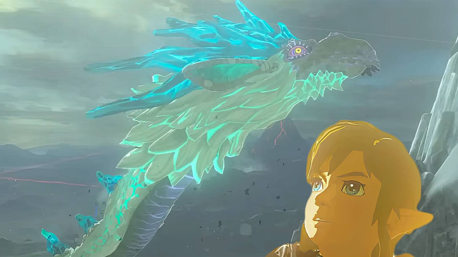 The Legend of Zelda Tears of the Kingdom TOTK Link looking at flying dragon Naydra composite