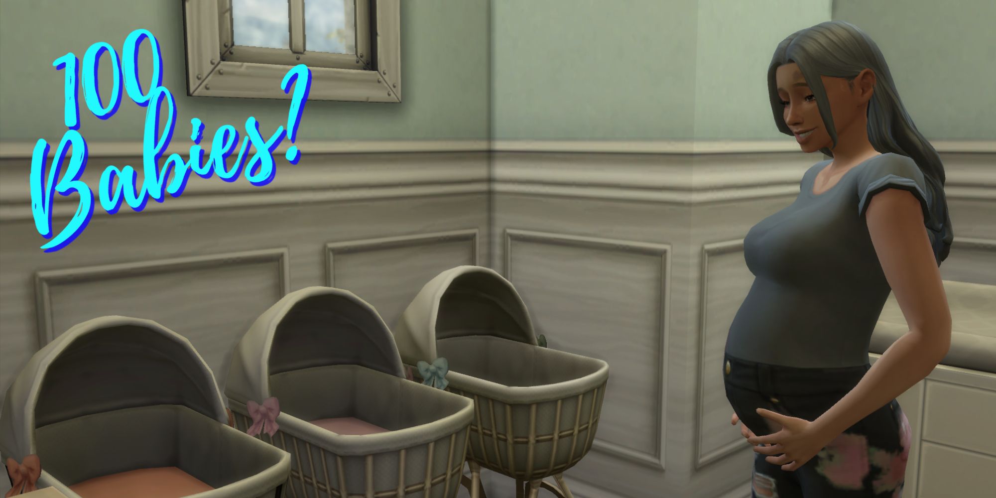 A Sim is pregnant in front of three bassinets for the 100 Baby Challenge, one of the most popular legacy challenges in The Sims franchise.
