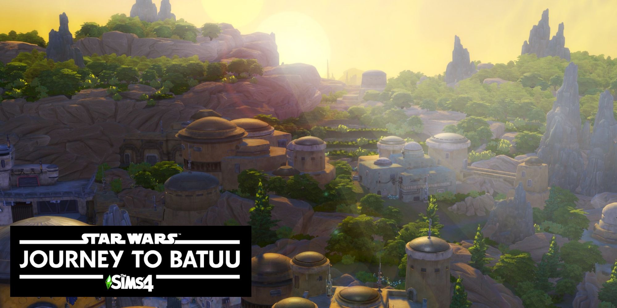 Une photo du lever du soleil dans le monde chaud de Batuu dans Les Sims 4