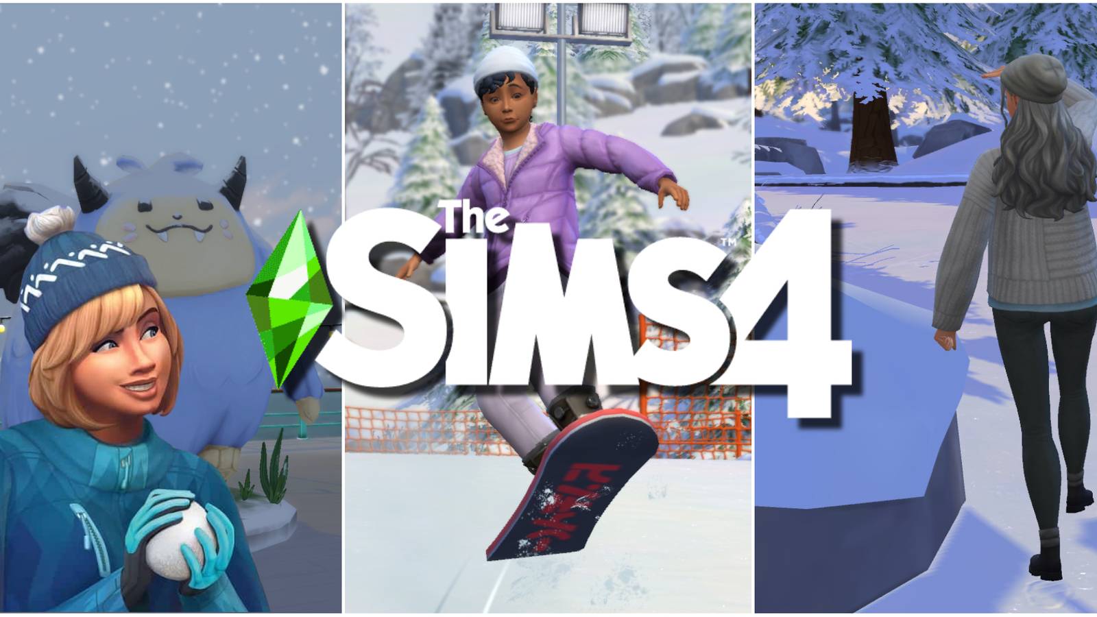 Sims interacting with the snow in three different coldest worlds in The Sims 4