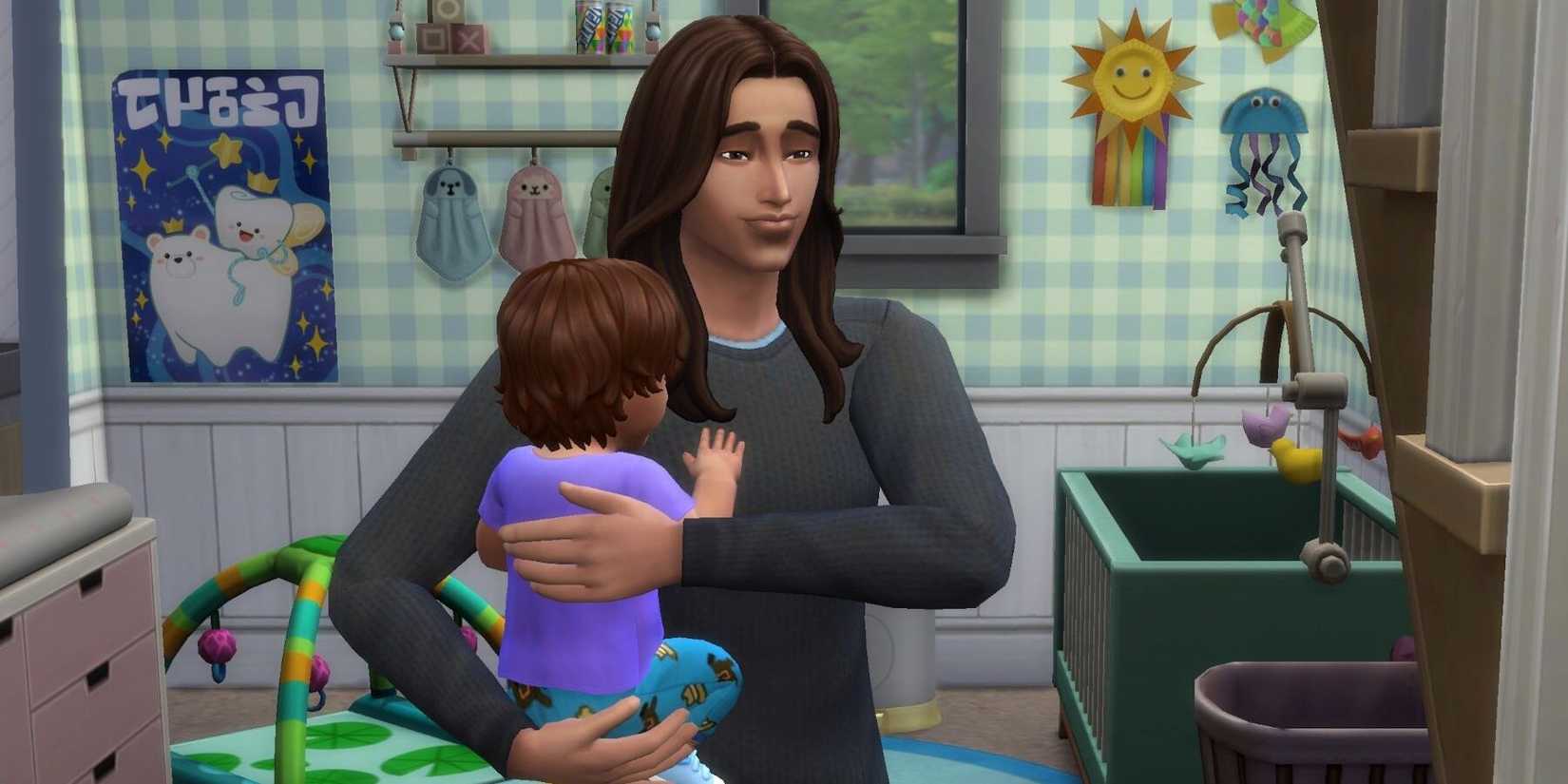 A Sim holding a baby in The Sims 4