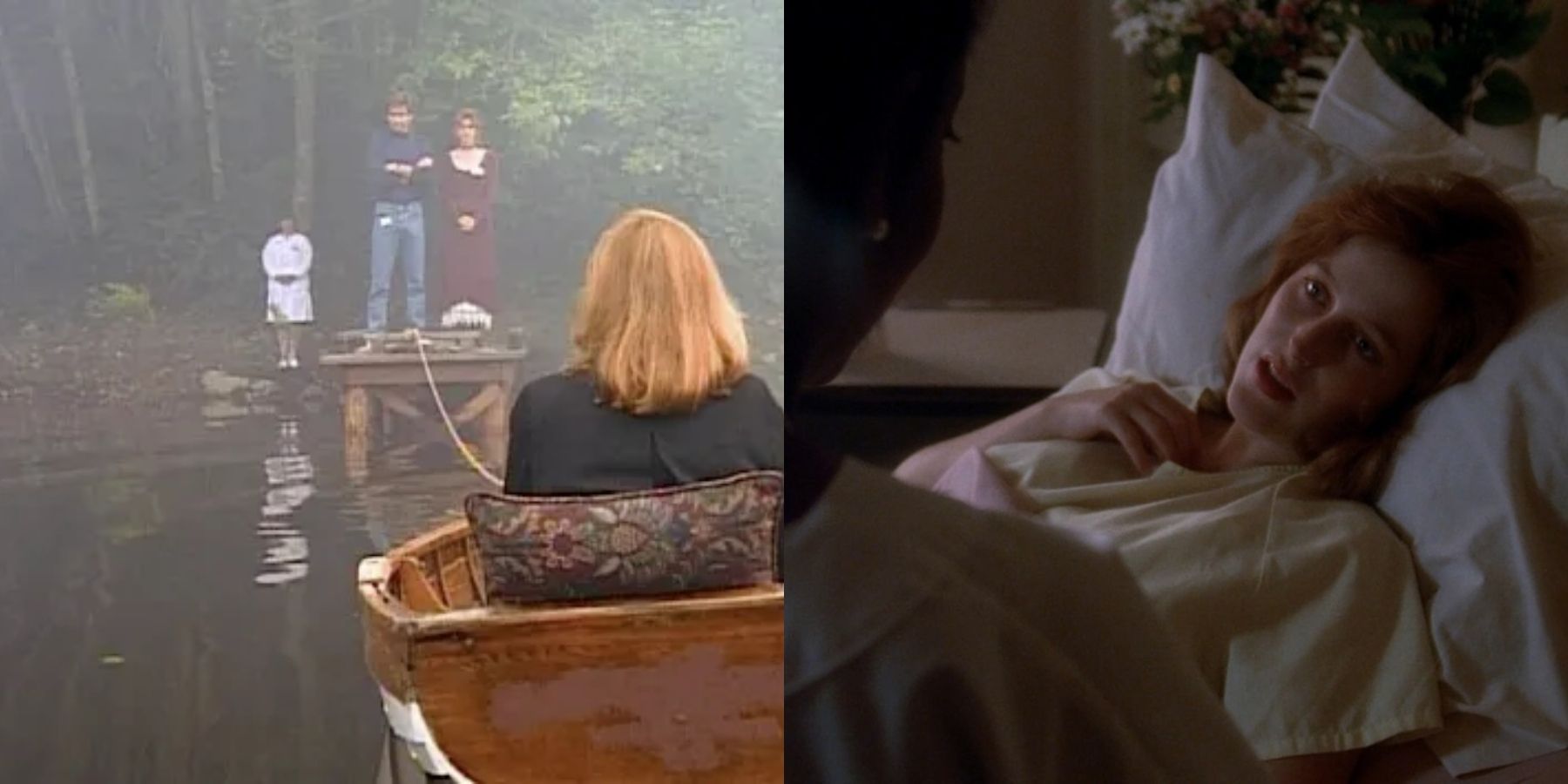 Split image of Nurse Owens in a lake and Scully (Gillian Anderson) in the hospital in The X-Files