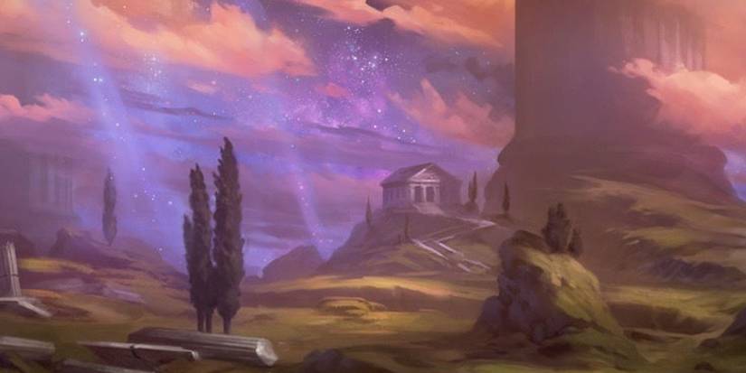 A temple in the style of ancient Greece sits at the edge of some plains next to a mountain. Fallen columns in the foreground indicate that ruins are nearby