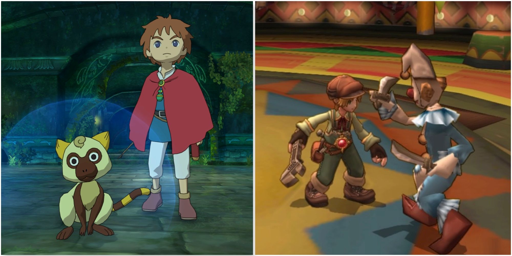 Thumbelemu and Oliver in Ni no Kuni Wrath Of The White Witch and Fighting enemies in Dark Cloud 2