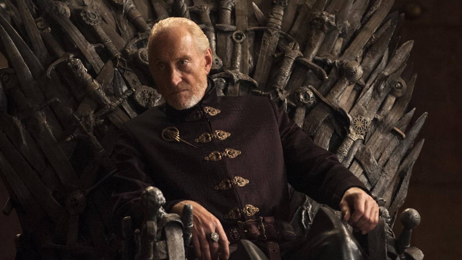 Tywin Lannister on the Iron Throne in Game of Thrones.