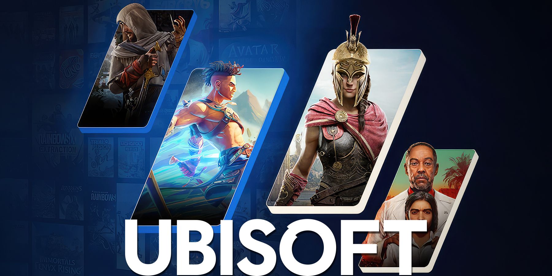 Ubisoft typeface logo next to Assassin's Creed Mirage Odyssey Prince of Persia The Lost Crown Far Cry 6 artworks