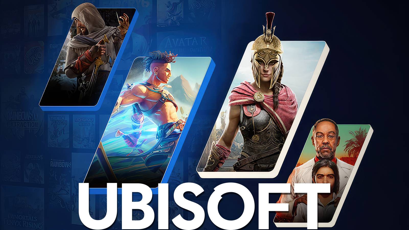 Ubisoft typeface logo next to Assassin's Creed Mirage Odyssey Prince of Persia The Lost Crown Far Cry 6 artworks