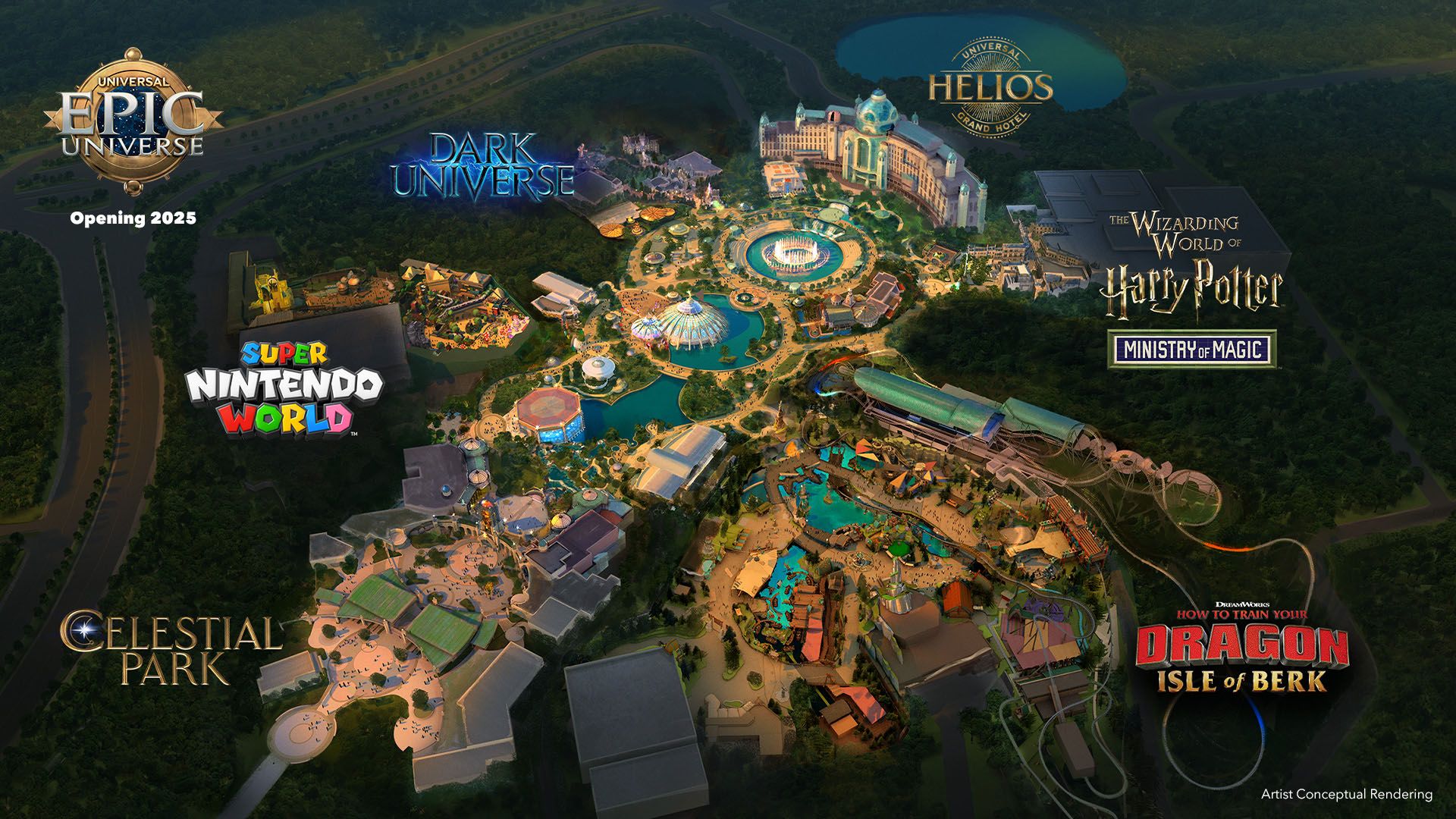 An artist-rendered map of the upcoming Epic Universe theme park at Universal Orlando Resort.