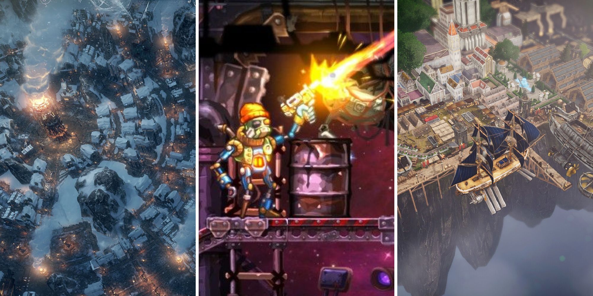 A grid showing the steampunk strategy games Frostpunk, SteamWorld Heist, and Airship: Kingdoms Adrift