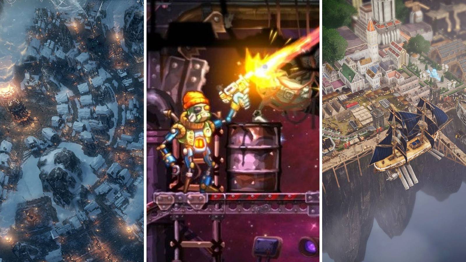 A grid showing the steampunk strategy games Frostpunk, SteamWorld Heist, and Airship: Kingdoms Adrift