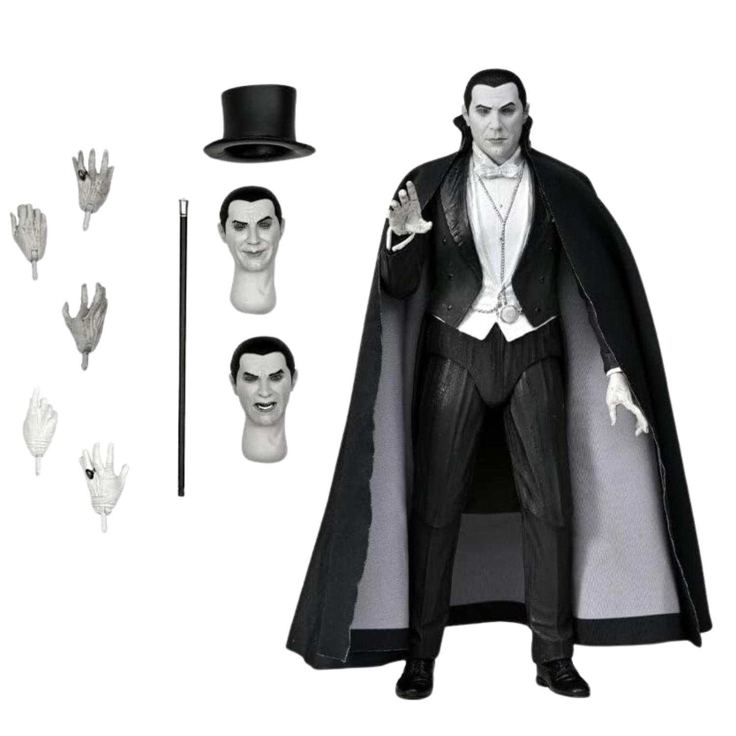This image shows a Dracula figurine with all the accessories. 