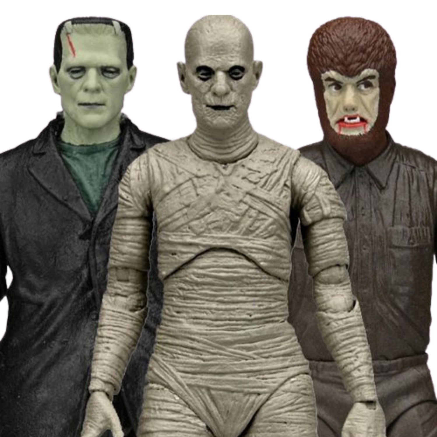 This image shows three figures of Universal monsters, Frankenstein, a mummy, and the Wolfman