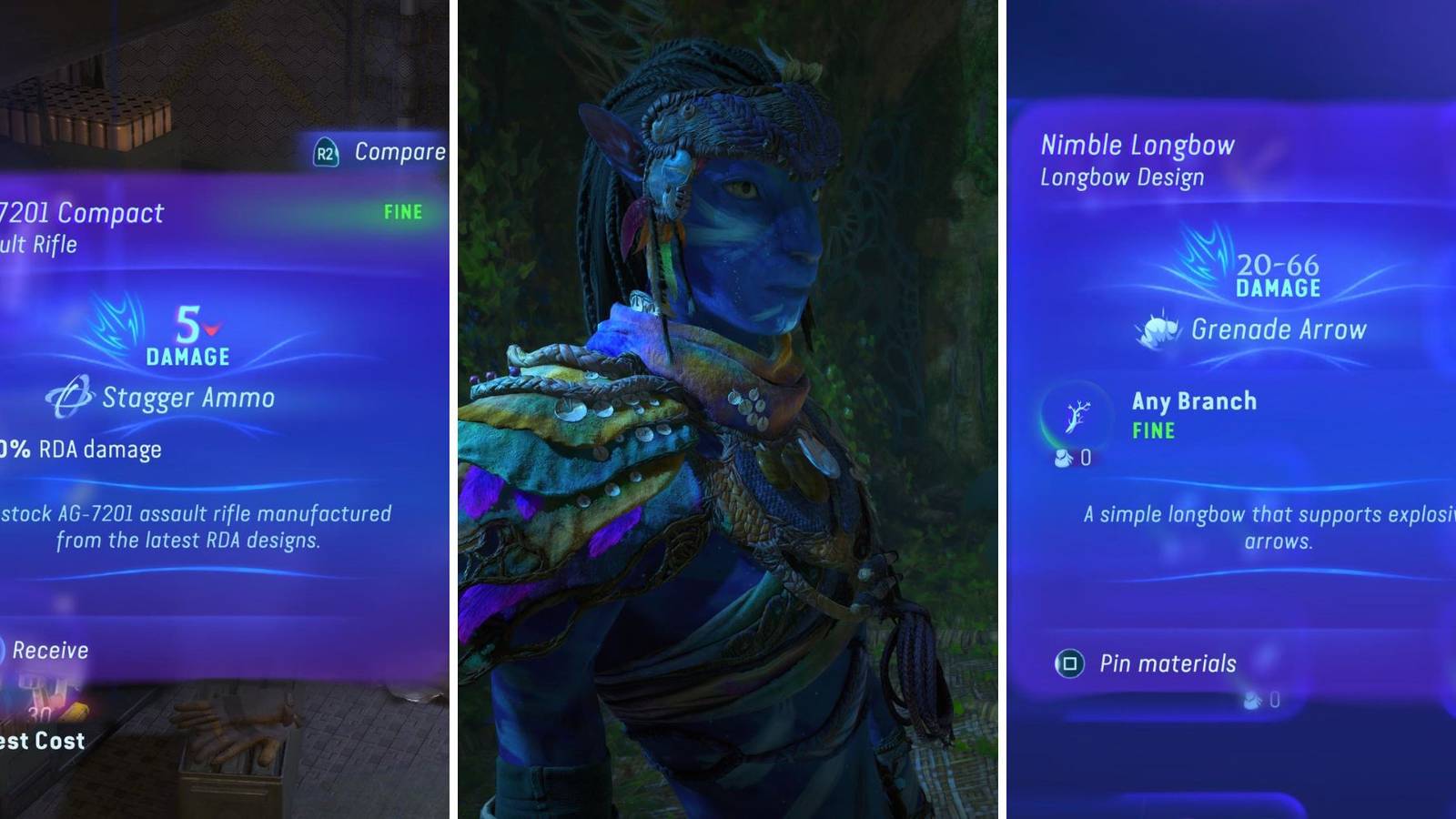 A grid of images showing weapons and a Na’Vi in Avatar: Frontiers of Pandora