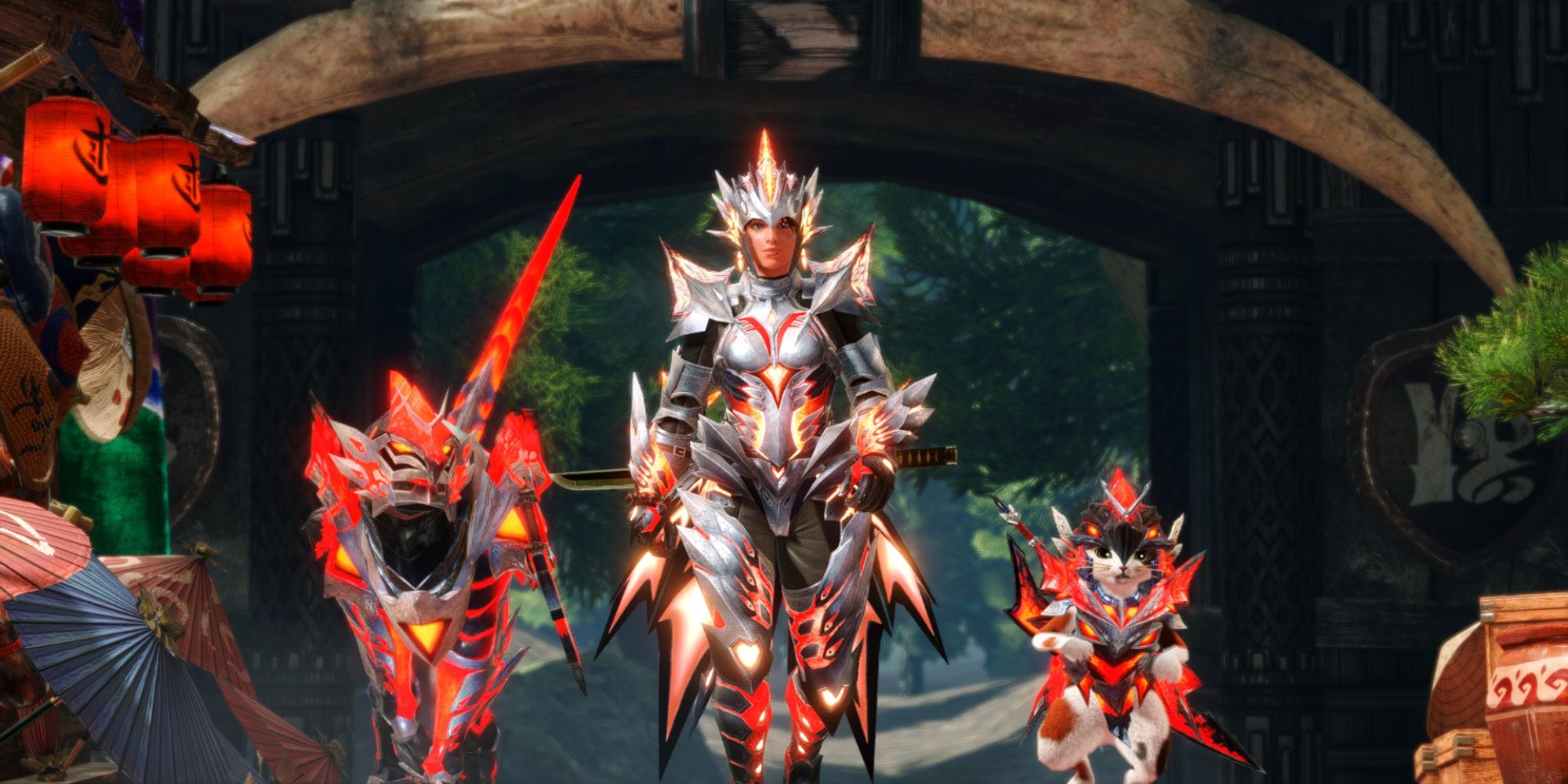 A hunter, Palamute, and Palico wearing Valstrax armor