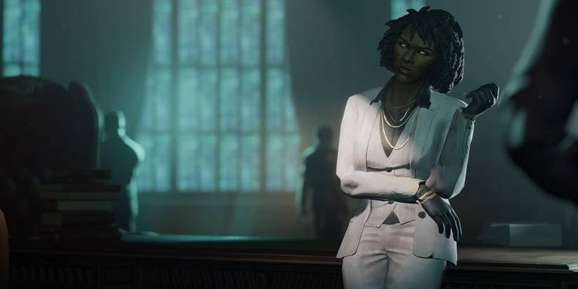 Vampire the Masquerade - Justice Hecata in white suit addressing unseen person