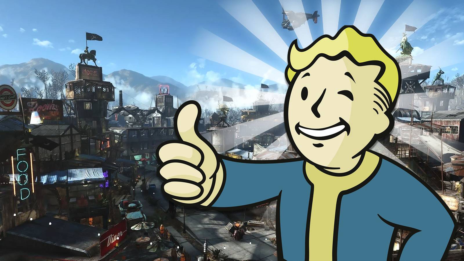 Vault Boy in front of Fallout 4 settlement