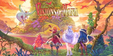 The key visual for Visions of Mana. The image depicts the game's main cast standing in front of a giant tree.