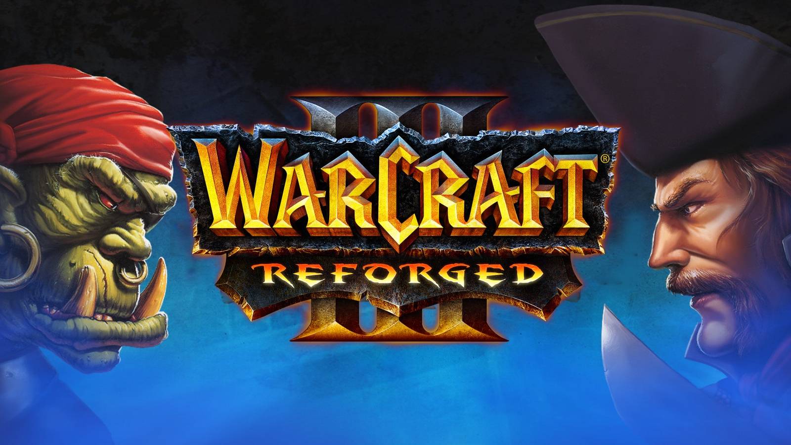 the orc and human from the wc2 logo facing off behind the wc3 reforged logo