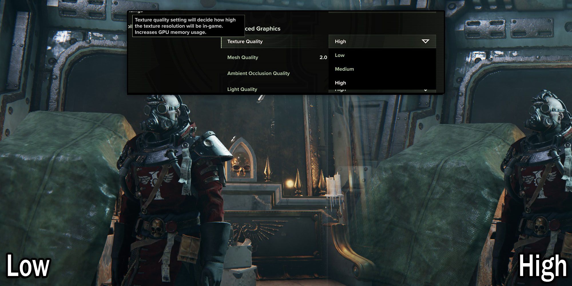Warhammer 40k Darktide - Example Of Low and High Texture Quality Settings