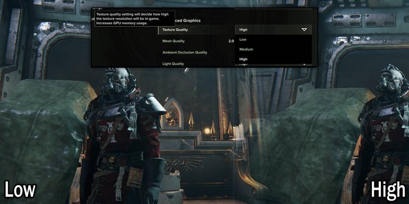 Warhammer 40k Darktide - Example Of Low and High Texture Quality Settings