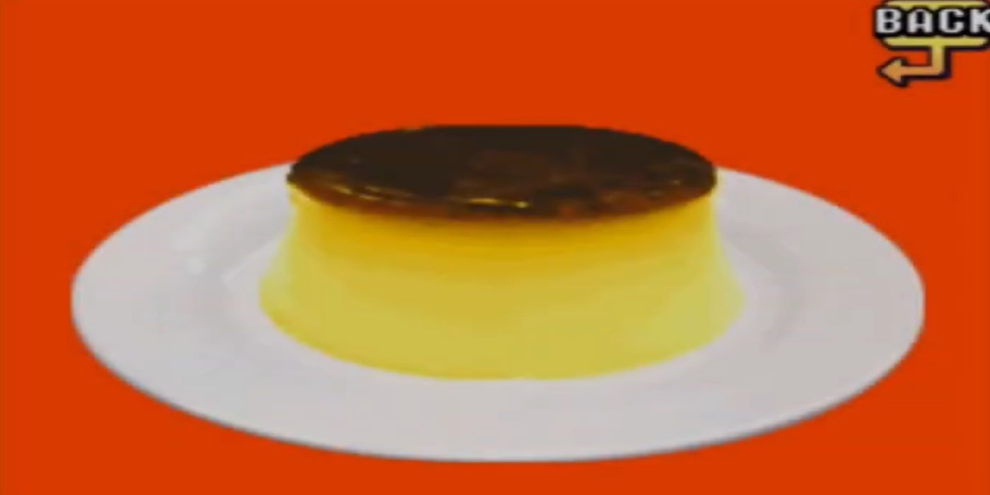 A realistic image of a blob of custard atop a plate on an orange background