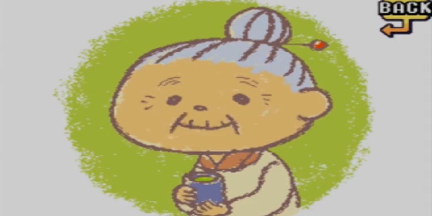A granny holding a cup of tea in front of a green circle