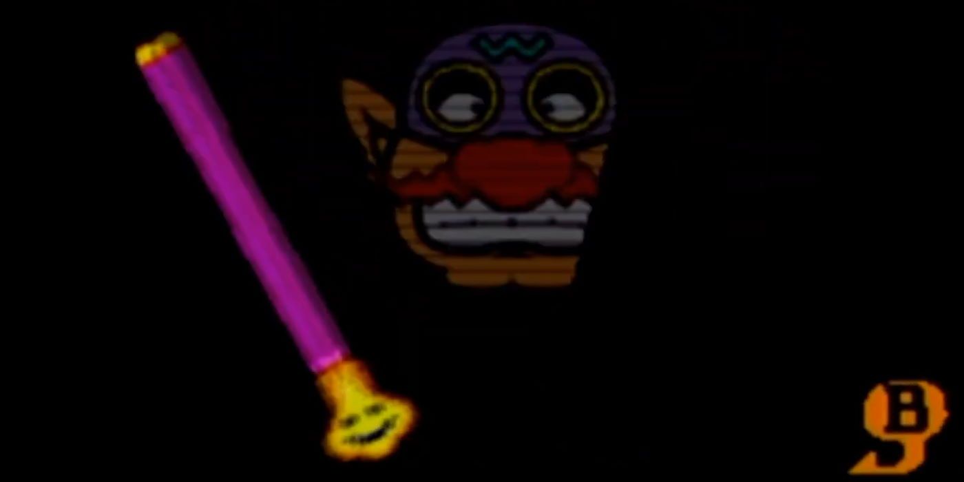 Wario-Man hiding in the dark, and a light wand revealing him