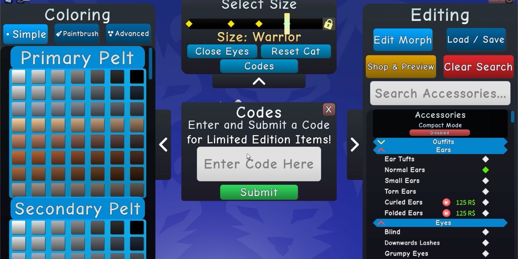 Warrior Cats Ultimate Edition the codes tab