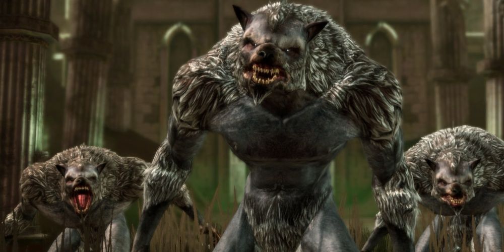 Three werewolves from Dragon Age Origins, baring their teeth at the player