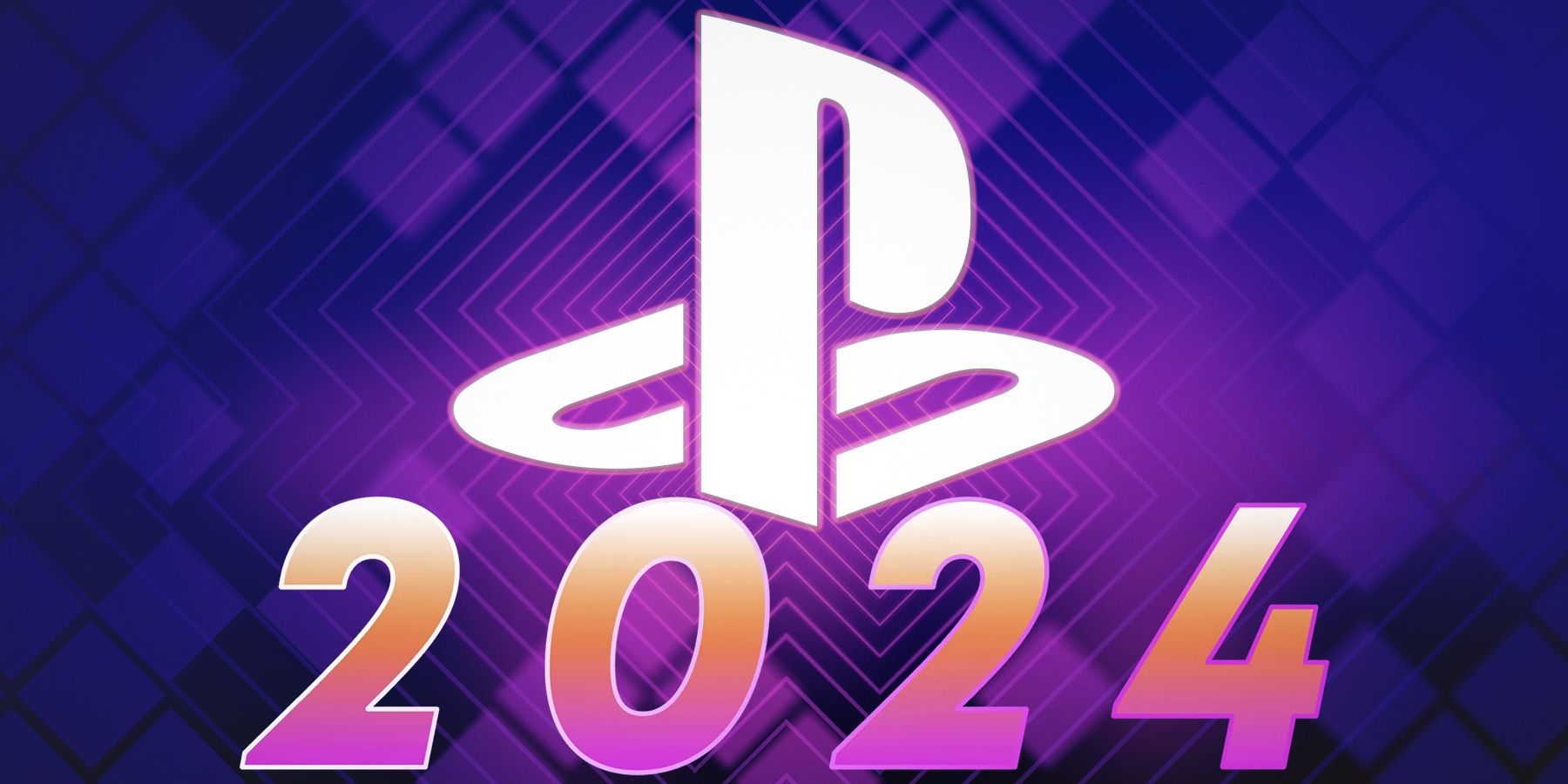 white PlayStation logo submark above italicized 2024 purplish background