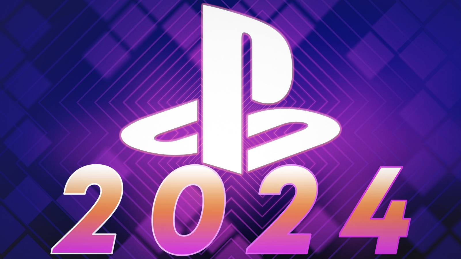 white PlayStation logo submark above italicized 2024 purplish background