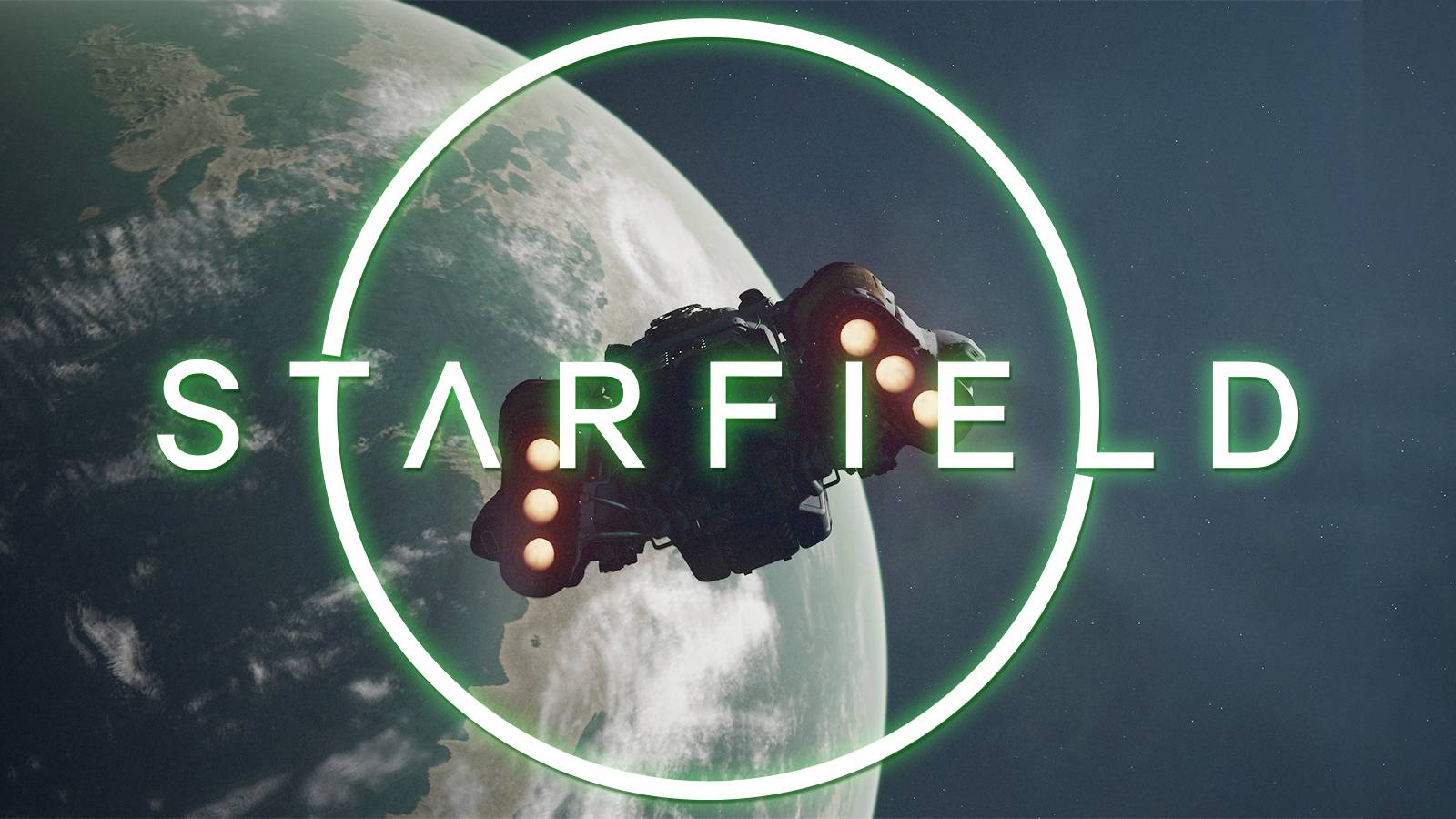 white Starfield logo with green overlay over Frontier spaceship approaching planet