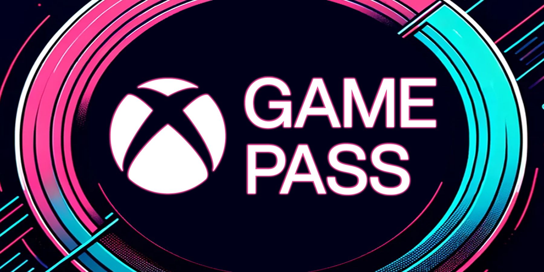 white Xbox Game Pass abridged logo with pink glow on abstract pink-aqua background