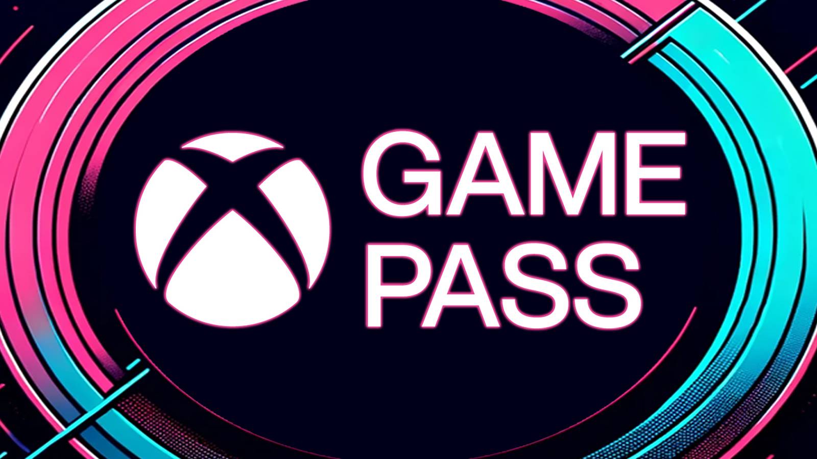 white Xbox Game Pass abridged logo with pink glow on abstract pink-aqua background