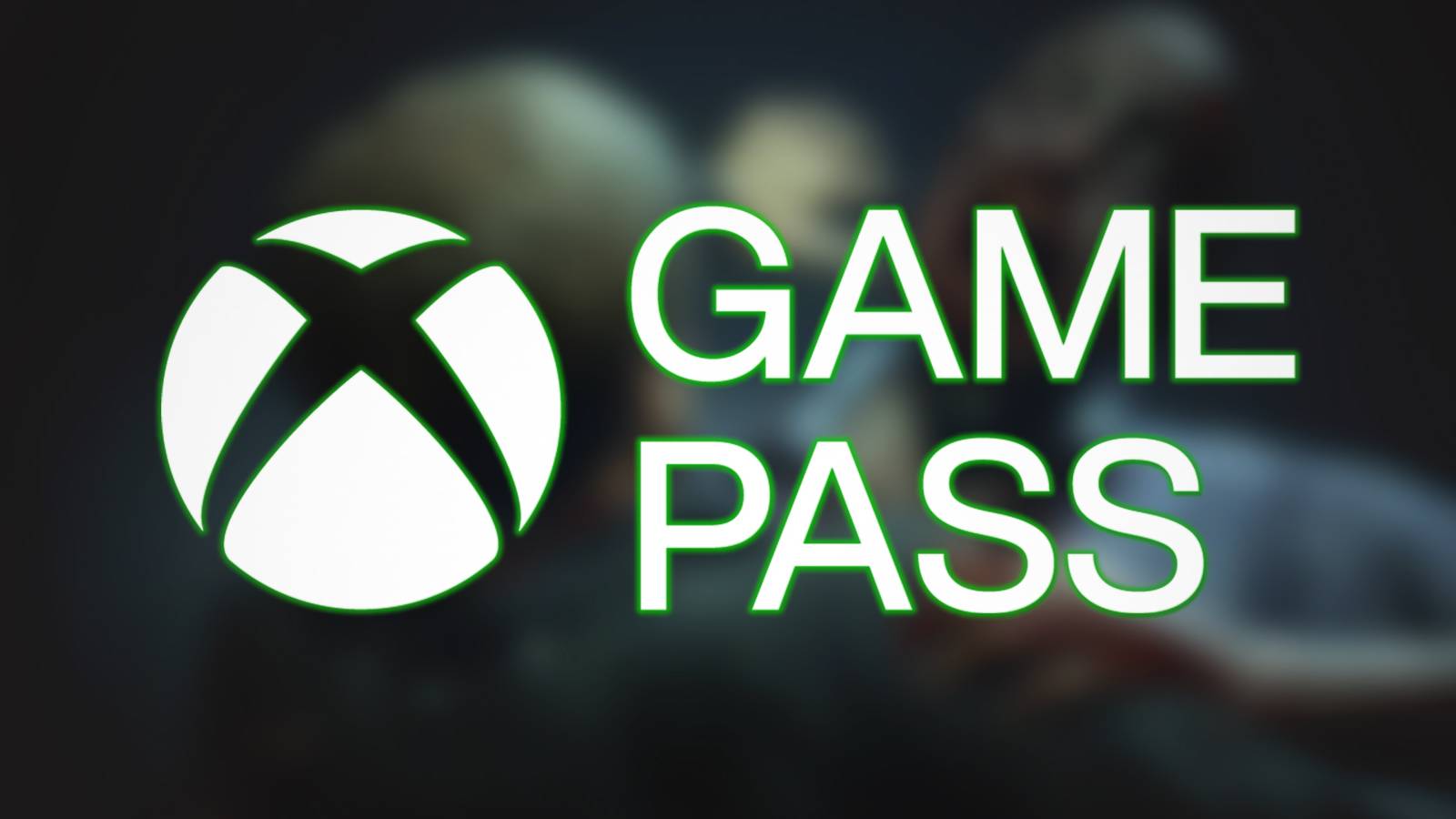 white Xbox Game Pass logo with green glow on blurred Resident Evil 2 promo screenshot