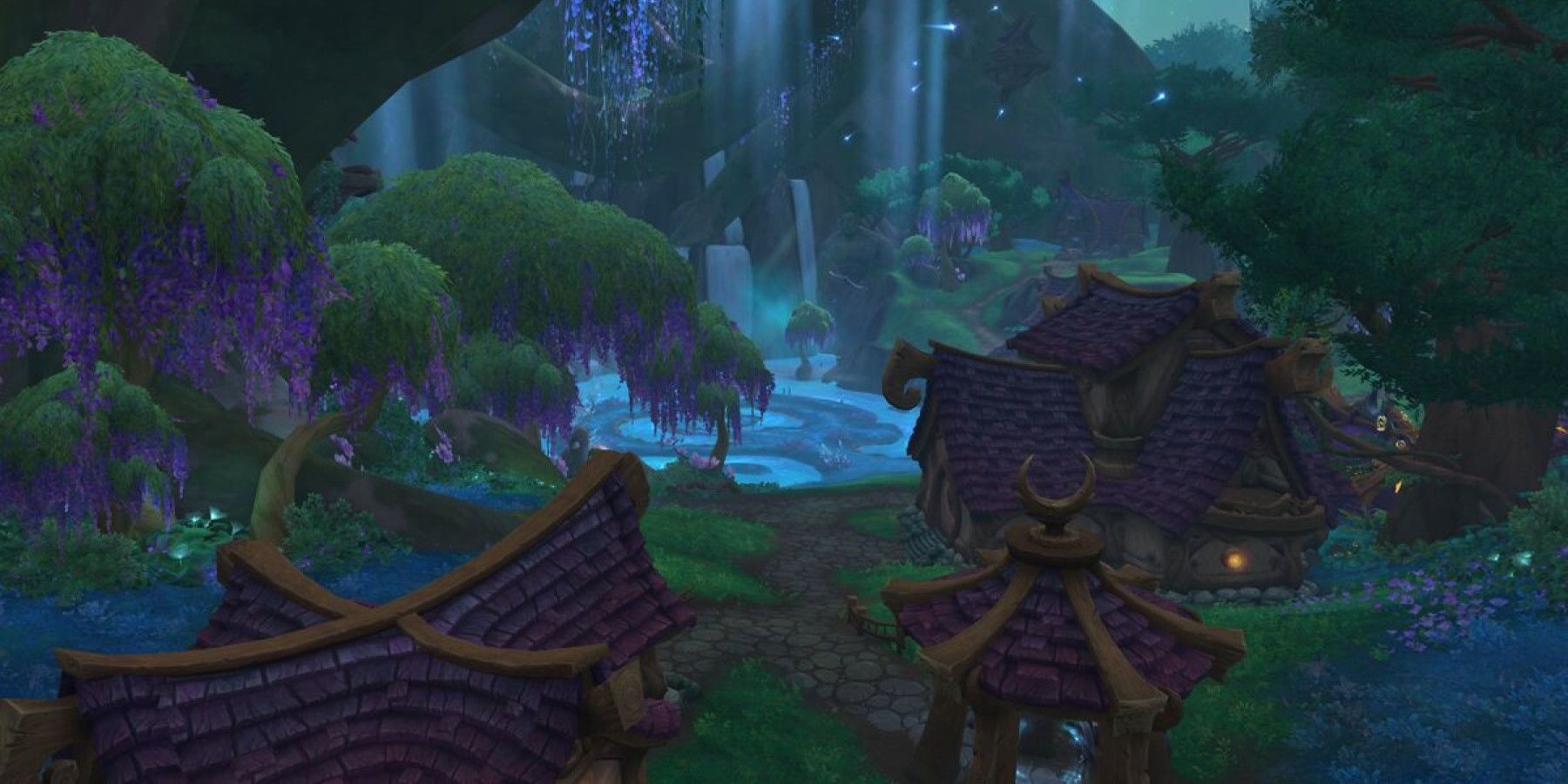 a view of bel'ameth night elf town from wow dragonflight