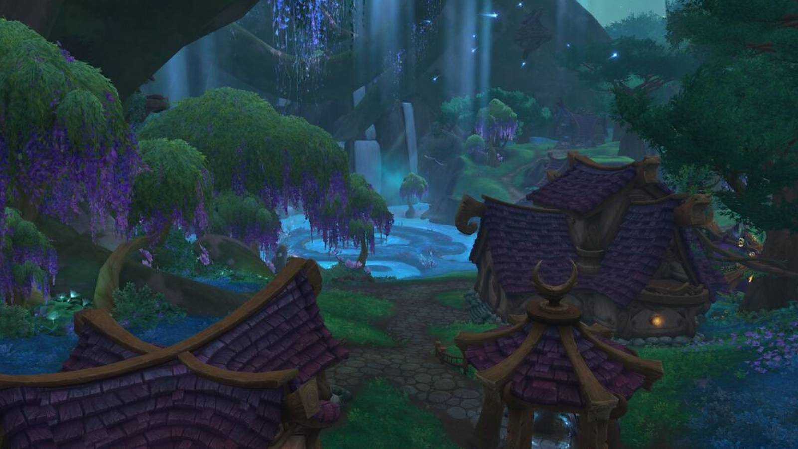 a view of bel'ameth night elf town from wow dragonflight