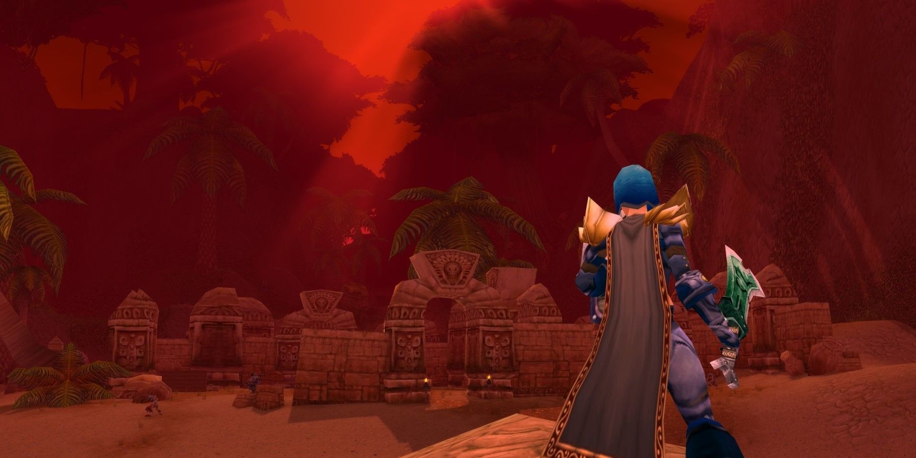 a human warrior in stranglethorn vale jungle under the blood moon in wow