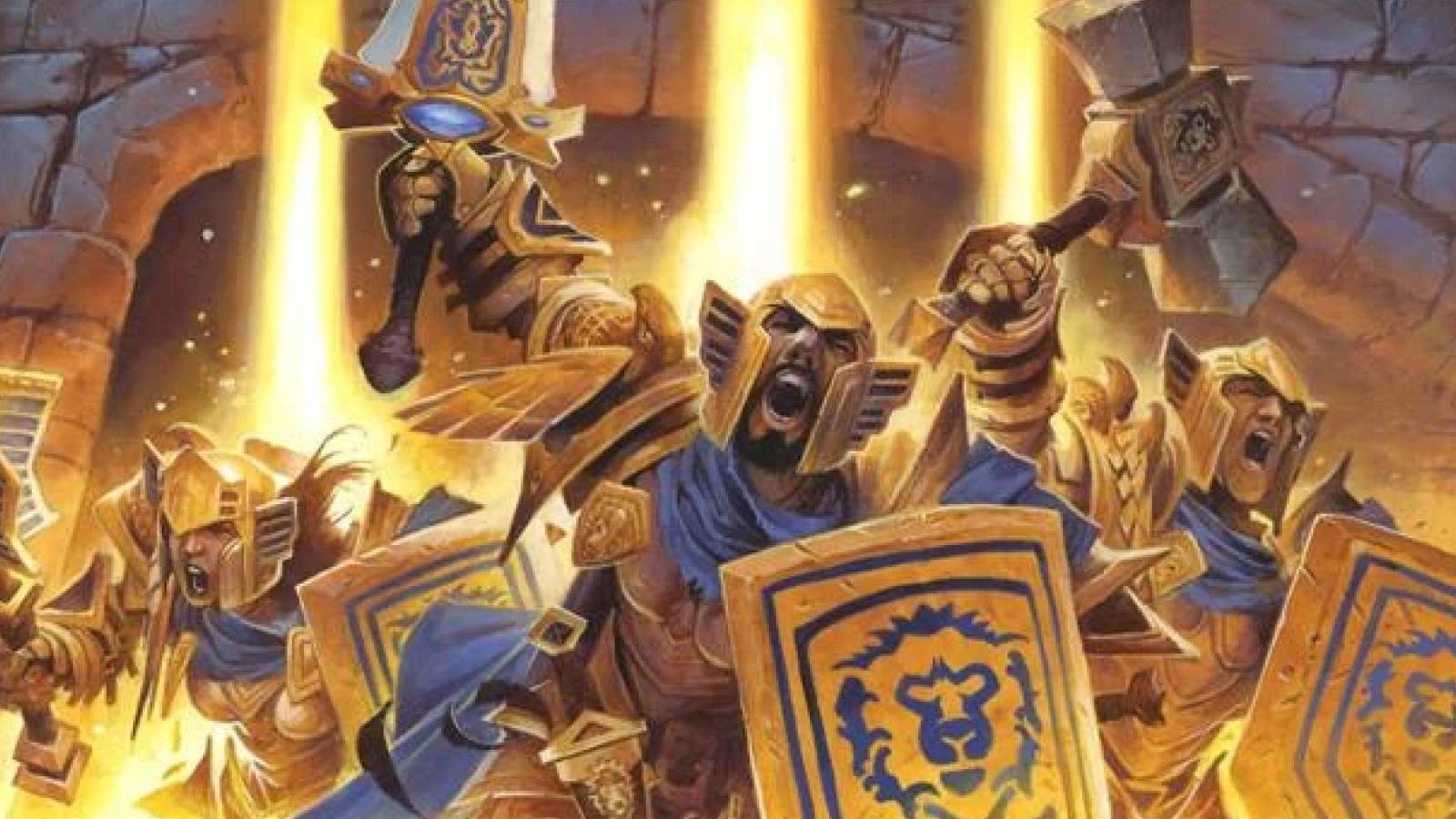 three humans in paladin armor leveling up from hearthstone and the wow tcg