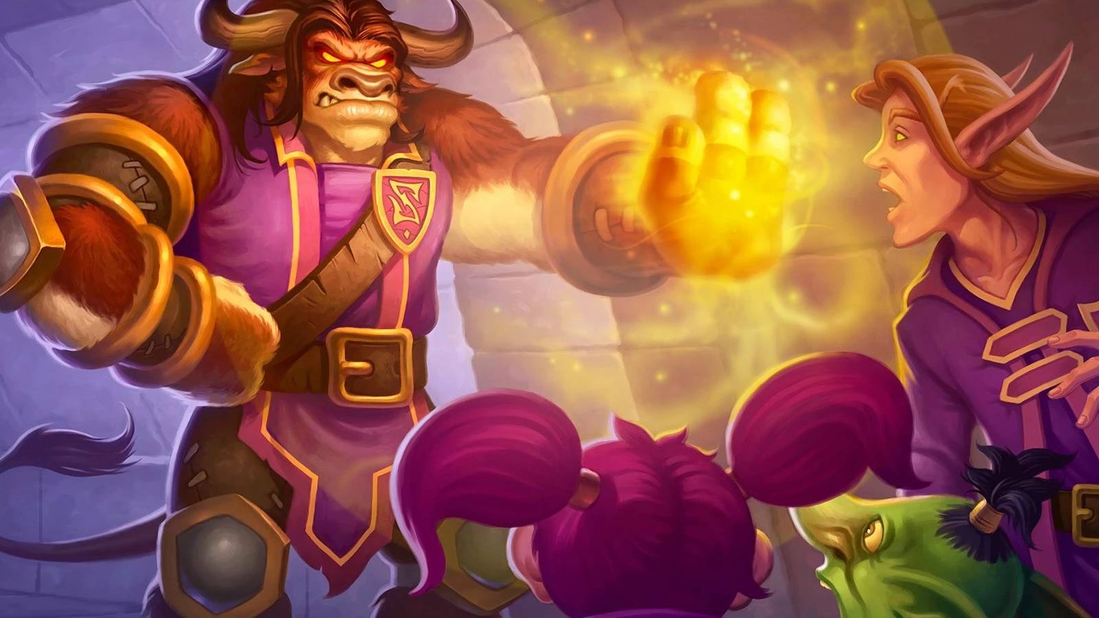 tauren stopping a blood elf gnome and goblin from hearthstone scholomance