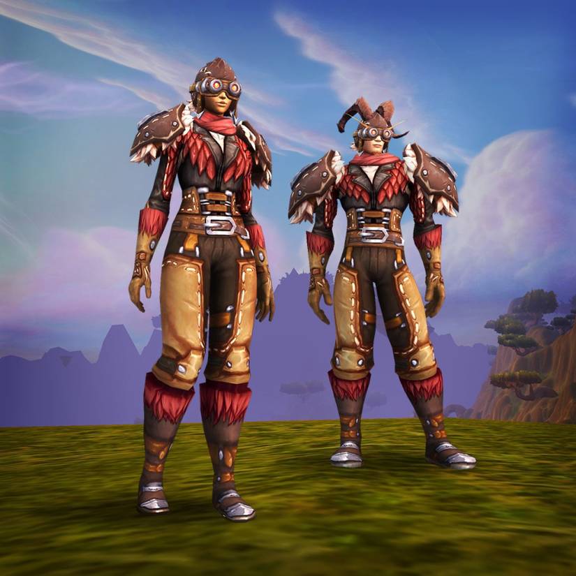 a male and female drathyr in visgage form sporting red feathered dragon riding leathers