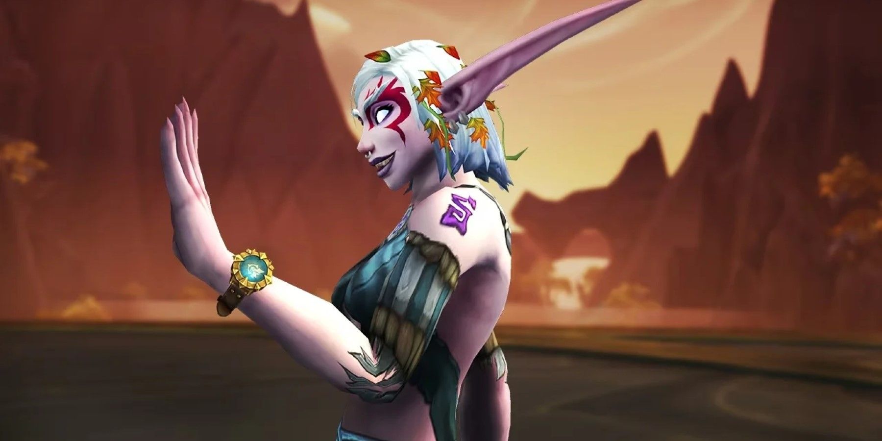 wow night elf wearing the golden watch reward from the trading post in january 2024