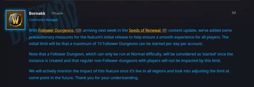 an announcement from bornakk about the 10 per day limit for follower dungeons in wow