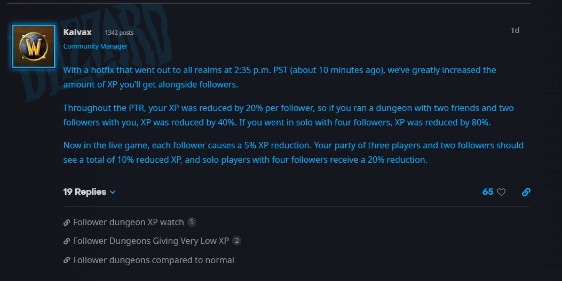 Forum post from Kaivax explaining follower dungeon experience calculations