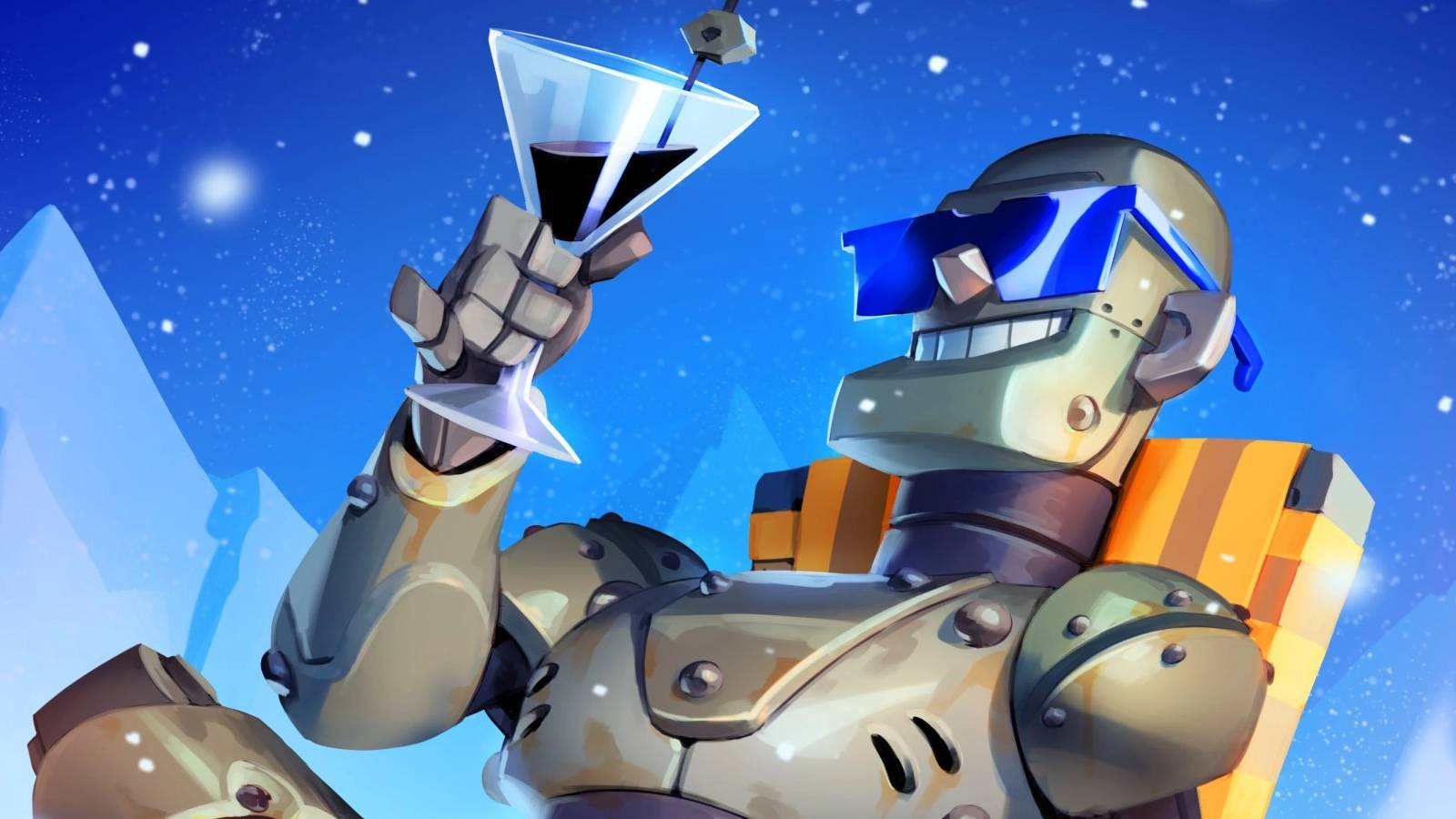 robot man with sunglasses laying down drinking oil from a martini glass from hearthstone