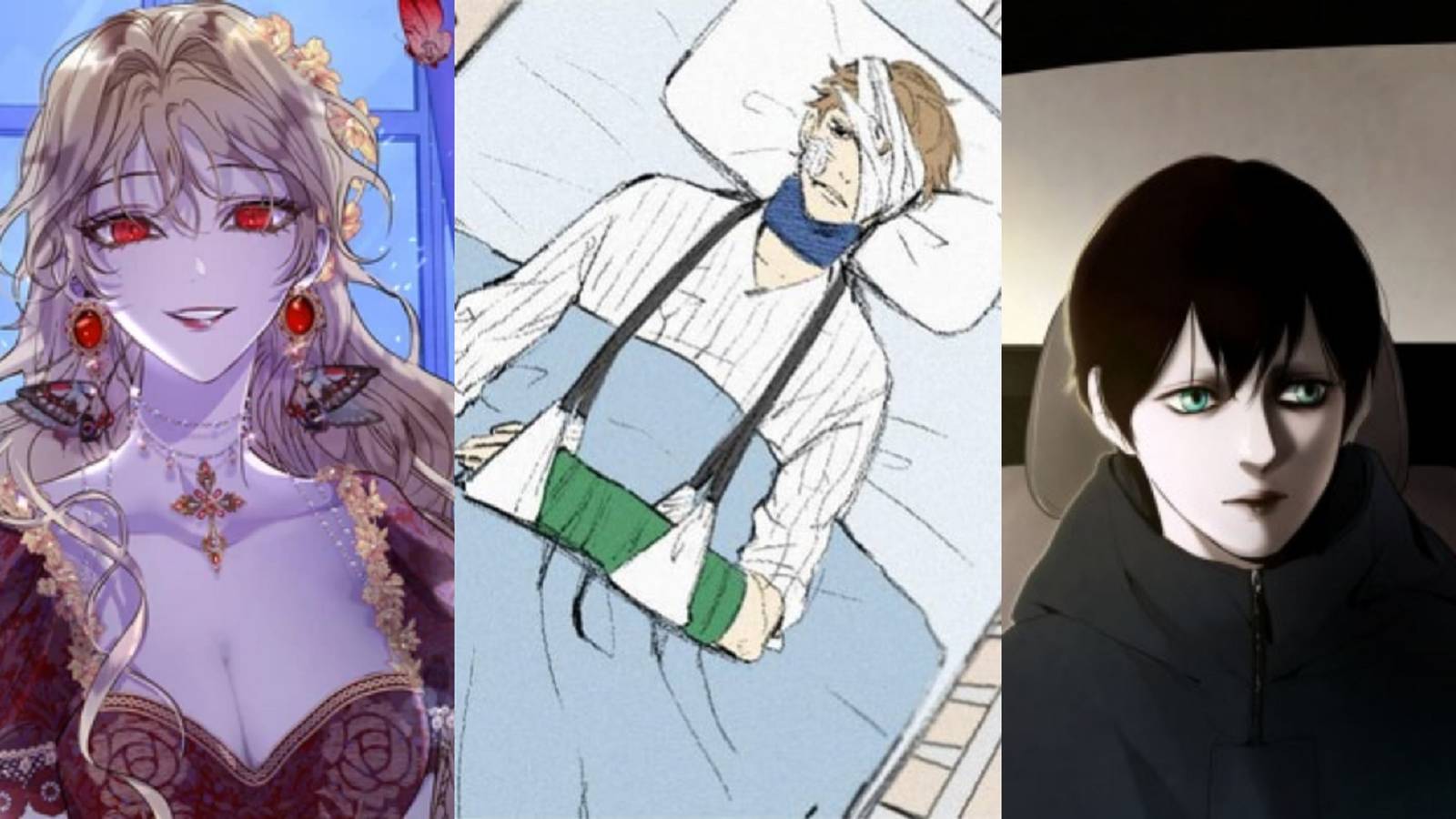 Split image of Roxana Agreece from Roxana, a hospitalized Youngwoo from Into the Depths, and a solemn Winter from Winter Woods